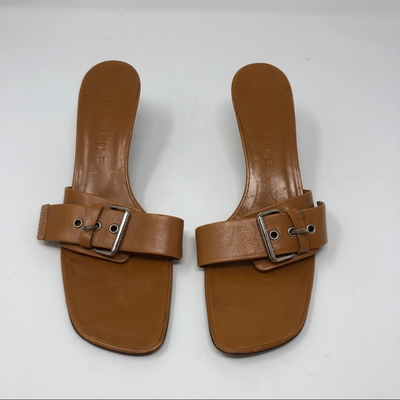 CELINE 38.5 Tan Buckle Kitten Heels B, Sandals - Picture 2 of 8